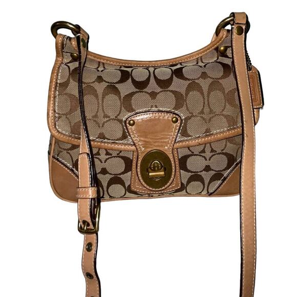 Coach Vintage Signature Monogram Turn lock Khaki Gold shoulder Crossbody Bag - Picture 15 of 16